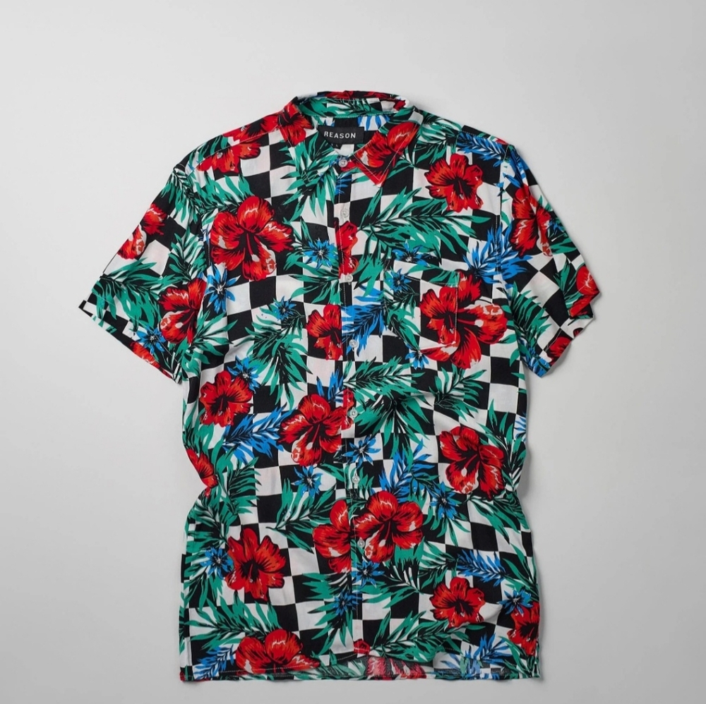 Reason Vibrant Floral Checkered Button Down Shirt NWT Size S BJ-2870